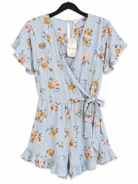 Hem & Thread Light Blue Floral Wrap Romper with Yellow Rose Print